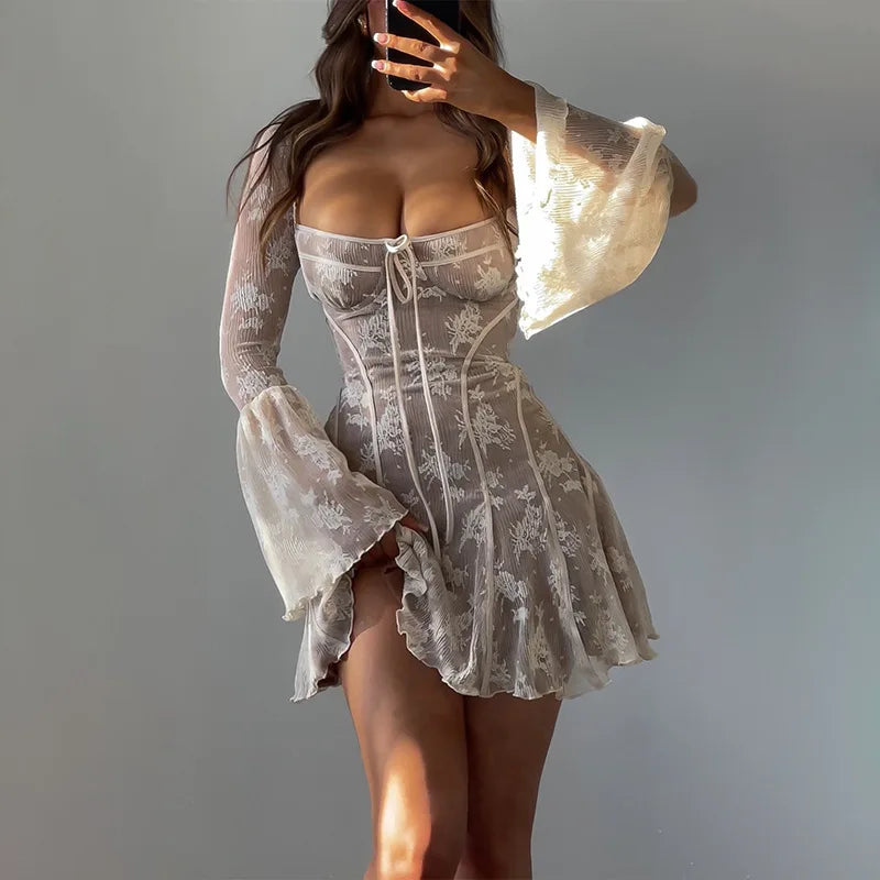 Vestido de manga larga con estampado de encaje envolvente en el pecho, estilo ballet, sexy y de puro deseo, con mangas acampanadas para mujeres europeas y americanas.