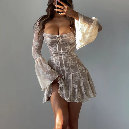 Vestido de manga larga con estampado de encaje envolvente en el pecho, estilo ballet, sexy y de puro deseo, con mangas acampanadas para mujeres europeas y americanas.