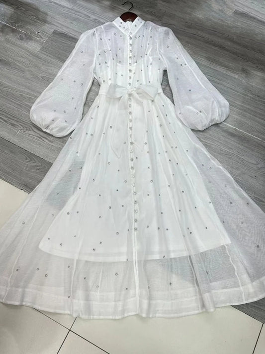Elegante vestido largo estilo británico, moda, con abalorios, diseño de un solo pecho, temperamento suave, vestidos para mujer primavera otoño 2025
