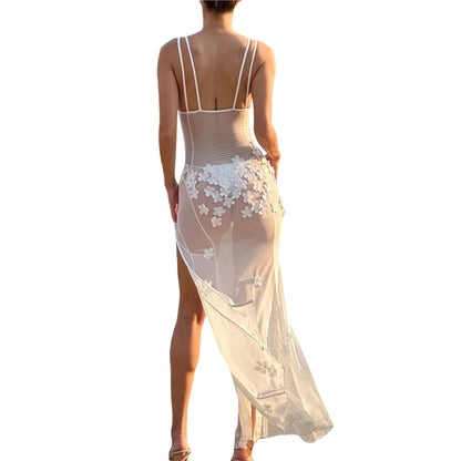 Sexy Dress for Women White Sheer See Through V Neck Sleeveless Bodycon Long Dresses 3D Flower Party Dresses Clubwear