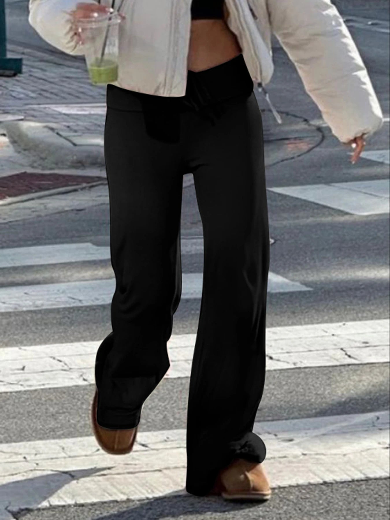 Solid Drawstring Low Waist Straight Pants Women Basic Casual Jogger Sweatpants