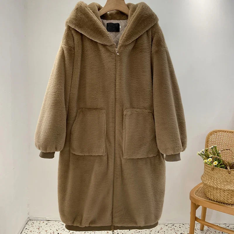 Abrigo largo de piel sintética de marca de lujo de moda de invierno para mujer, chaqueta con capucha y cremallera, abrigos gruesos y cálidos de piel sintética de conejo de peluche