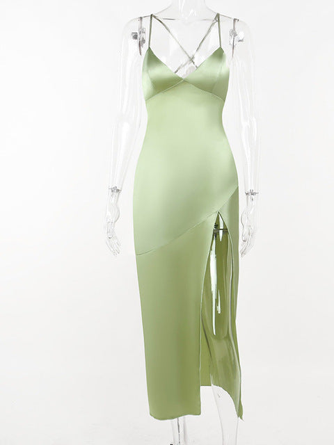 Vestido maxi de satén sexy sin tirantes para mujer, con espalda abierta y abertura alta, ajustado, elegante para fiesta y club, primavera y verano