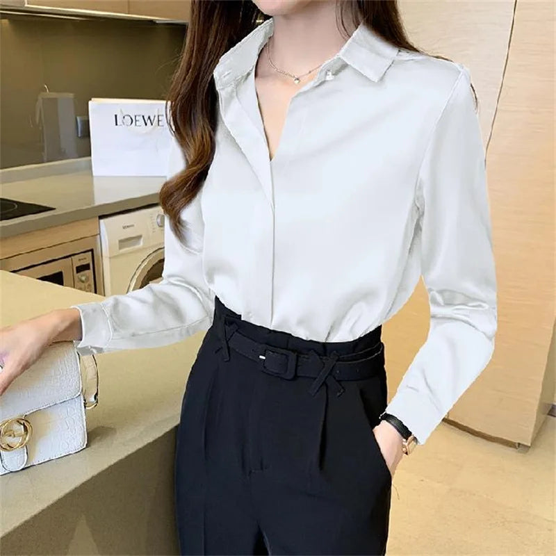 Blusas de mujer estilo primavera otoño, camisas casuales de manga larga con cuello vuelto, blusas, tops DF4846