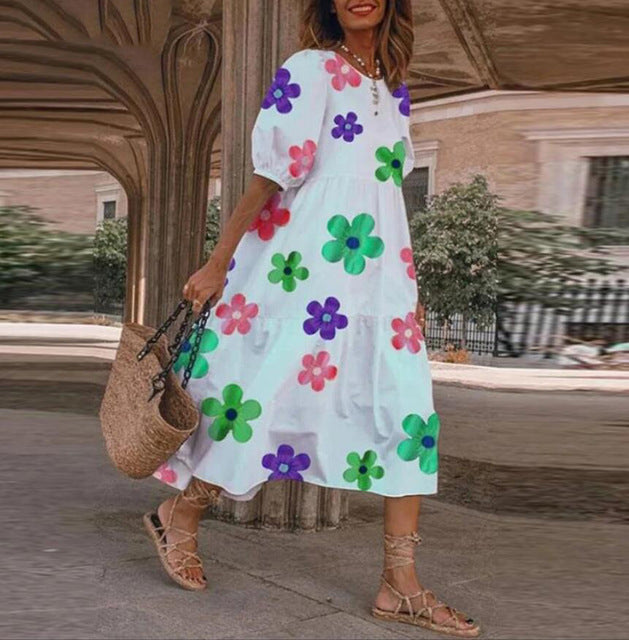 Vestido estampado de verano 2025 para mujer, manga corta abullonada, volantes, holgado, corte A, midi, informal, para playa y vacaciones