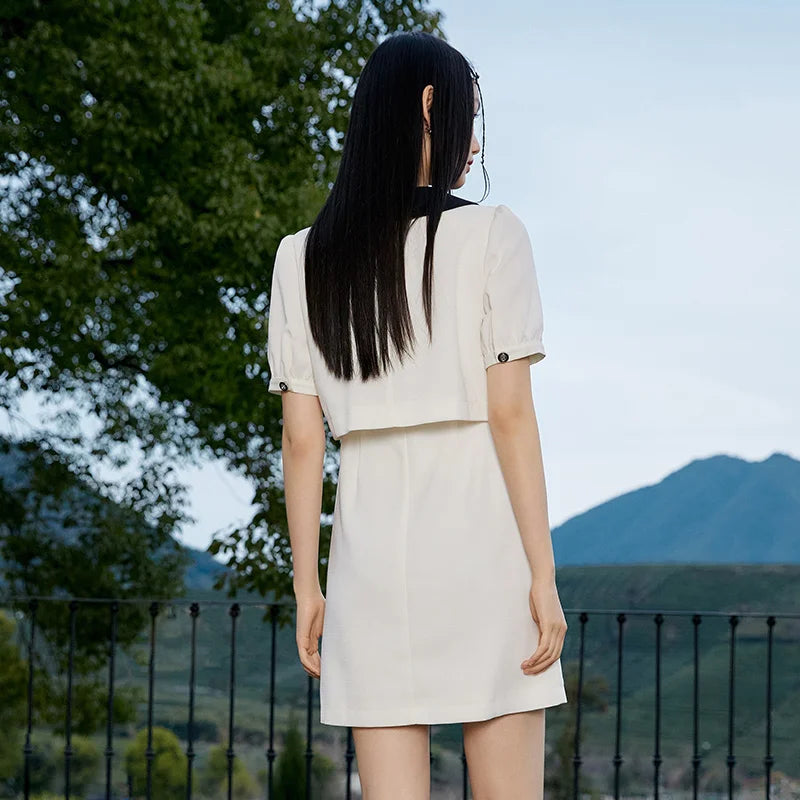 Dress Women Contrast Texture Fake Two Pieces  Summer New Bubble Sleeve Breasted Short Dress Elegant Small Fragrance