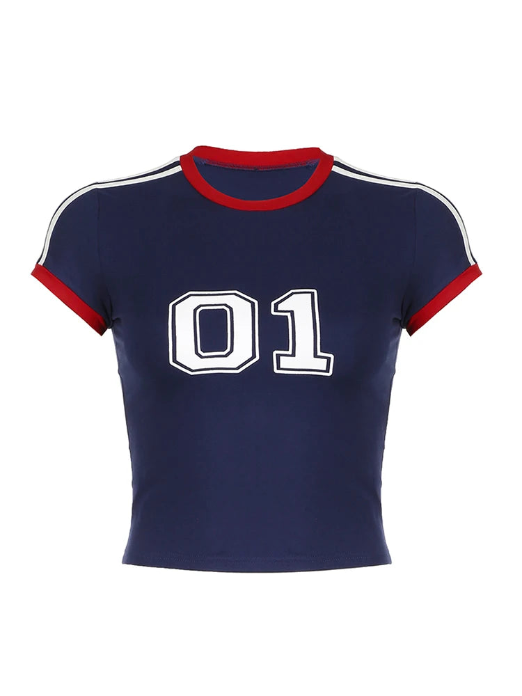 Camiseta de manga corta con estampado digital Y2K para mujer, con ribete en contraste, cuello redondo, ajustada, informal, estilo preppy, deportiva, de fútbol