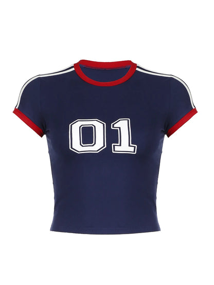 Camiseta de manga corta con estampado digital Y2K para mujer, con ribete en contraste, cuello redondo, ajustada, informal, estilo preppy, deportiva, de fútbol
