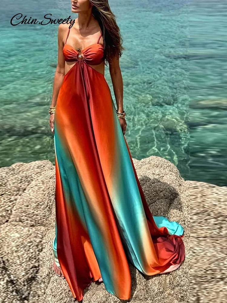 Vestido largo elegante con degradado para mujer, de satén, sin espalda, con corte en A, para playa, sexy, plisado, para vacaciones, verano 2025