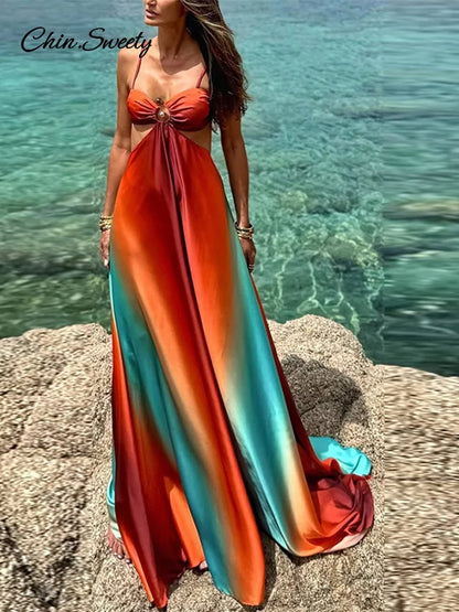 Vestido largo elegante con degradado para mujer, de satén, sin espalda, con corte en A, para playa, sexy, plisado, para vacaciones, verano 2025