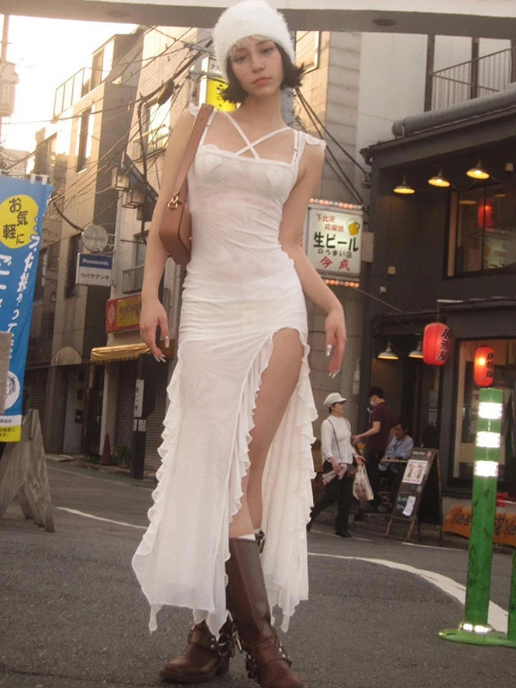 Bodycon Dress See Through Y2k Clothes Sleeveless Vestidos De Mujer Spaghetti Strap White Club Outfits For Women Sexy Streetwear