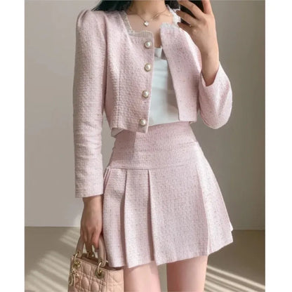 Chaqueta corta de tweed elegante de moda coreana, abrigos recortados + minifaldas de cintura alta, trajes de otoño, nuevos conjuntos ajustados de dos piezas para mujer.