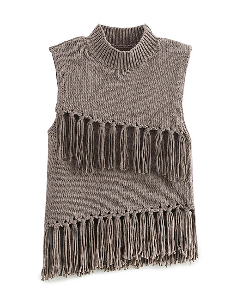 Elegant Knitted Sleeveless Tassel Sweater Women Vintage Solid Turtleneck Pullover Sweaters Female Spring Chic Design Street Tops