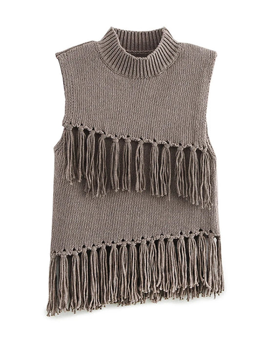 Suéter elegante de punto sin mangas con borlas para mujer, jersey de cuello alto liso vintage, suéteres femeninos de primavera, diseño chic, tops de calle