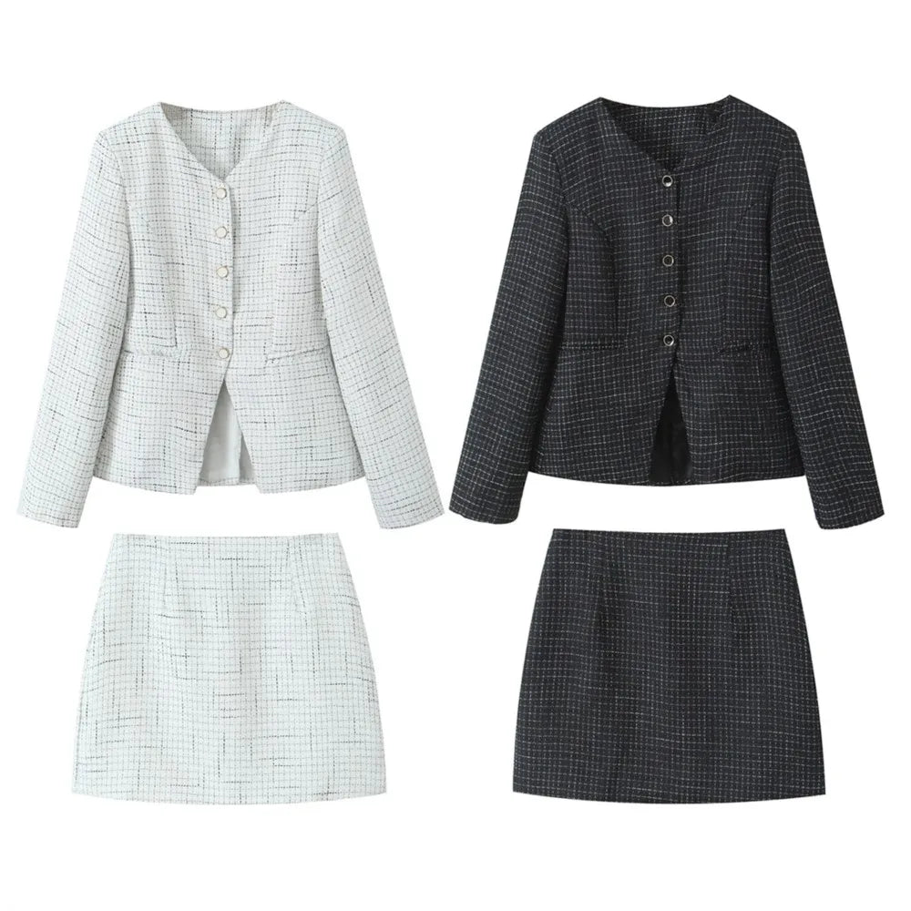 Blazer de tweed tejido a cuadros con cuello en V retro estilo francés + minifalda corta de cintura alta, conjunto de 2 piezas, negro y blanco