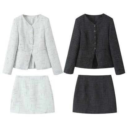 Blazer de tweed tejido a cuadros con cuello en V retro estilo francés + minifalda corta de cintura alta, conjunto de 2 piezas, negro y blanco