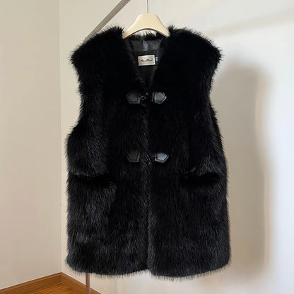 Brand Horn Buttons Long Faux Mink Fur Vest Tops Women Winter Sleeveless Overcoats Luxury Ladies Shaggy Waistcoat Gilets Casaco