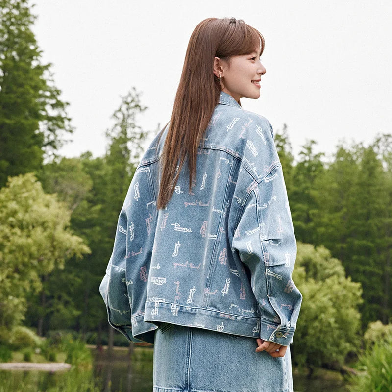 Chaqueta vaquera para mujer, con estampado completo, nueva chaqueta holgada y moderna de otoño