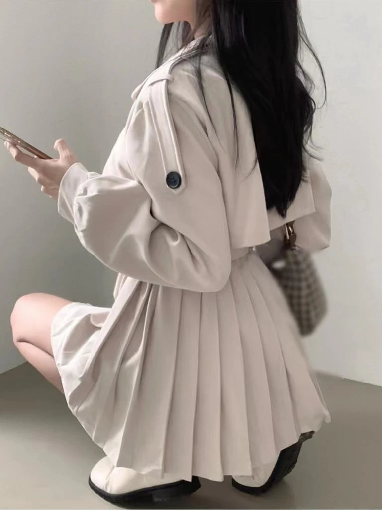 Gabardina elegante y plisada de estilo coreano para mujer, vestido con cinturón, cuello vuelto, doble botonadura, liso, para otoño