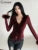 Feather Patchwork Women Tops Autumn Hipster Solid Full Sleeve V-neck Split Ribbed Slim Tee Female All-matched Streetwear