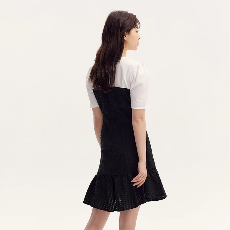 Vestido negro corto con bloques de color para mujer, elegante y de verano, con textura suave y dobladillo de sirena divertido, falda corta.