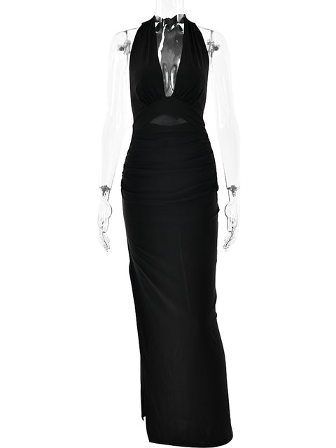 Elegant Spaghetti Strap Satin Bodycon Split Long Dress Women’s Sexy Deep V Backless Evening Dress Female Party Clubwear
