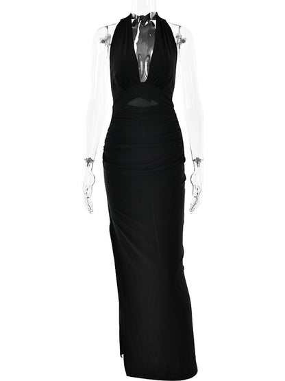 Elegant Spaghetti Strap Satin Bodycon Split Long Dress Women’s Sexy Deep V Backless Evening Dress Female Party Clubwear
