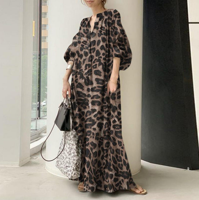 Vestidos largos con estampado de leopardo para mujer, moda de temperamento, cuello en V, mangas abullonadas, vestido suelto, estilo bohemio moderno, vestidos de primavera, nuevo