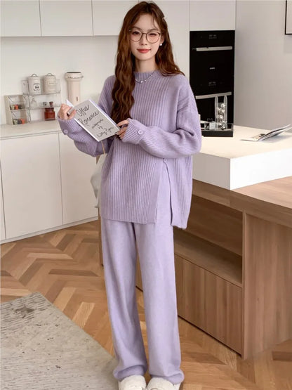 Women’s Knitted 2-Piece Set Tracksuit Autumn Winter O-neck Pullover Sweater Wide Leg Pants Harajuku Warm Solid Casual Suit New