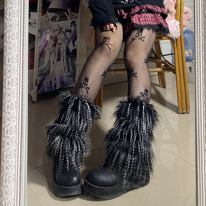Calentadores de piernas de piel sintética gótica Y2K para mujer, cubrebotas Harajuku, Lolita, chicas, punk, moda, lindos leggings hipster JK, cálidos y esponjosos