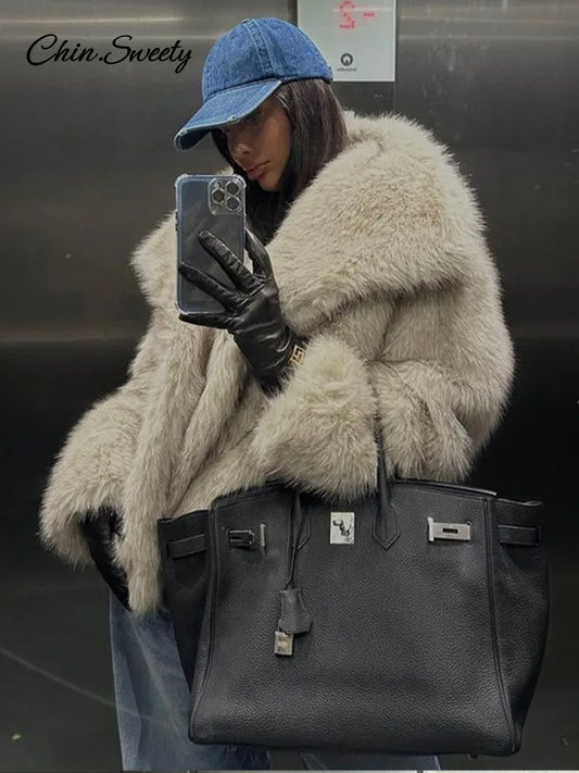 Abrigo de piel sintética con degradado de invierno para mujer, chaqueta holgada de lujo con cuello de piel grande y bolsillos, abrigos de moda para mujer, abrigos de calle.