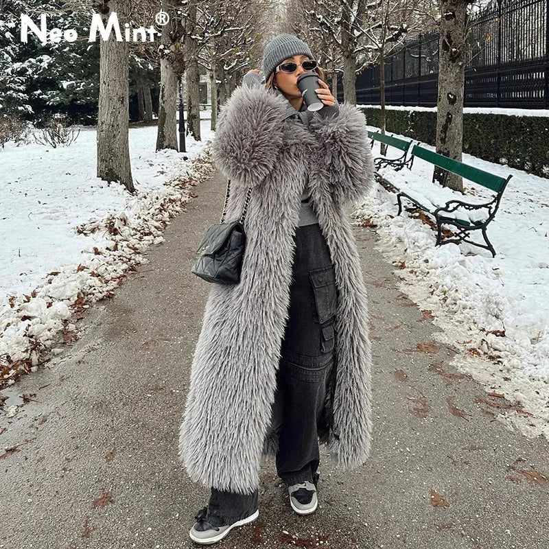Abrigo de piel de cordero extra largo de lujo para mujer, abrigo de invierno estilo Mob Wife, chaqueta de piel sintética gruesa de gran tamaño