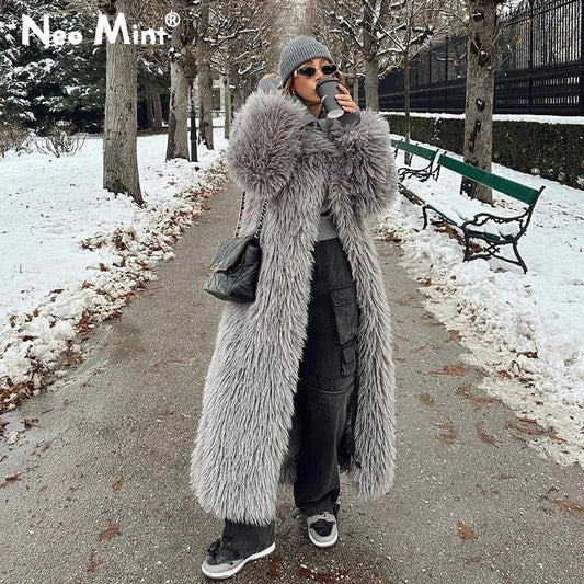 Abrigo de piel de cordero extra largo de lujo para mujer, abrigo de invierno estilo Mob Wife, chaqueta de piel sintética gruesa de gran tamaño