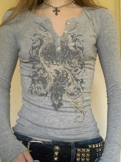 Blusa de mujer con cuello en V y botones con estampado de flores retro, manga larga, básica Y2k, combina con todo, ajustada, de moda, nueva