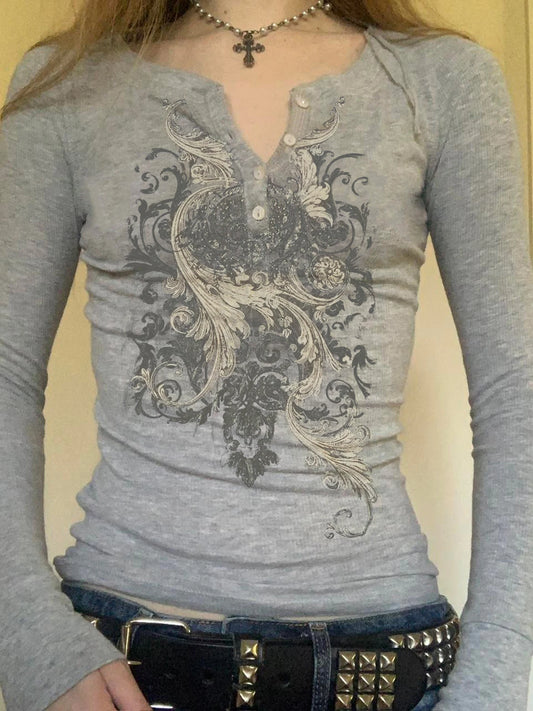 Blusa de mujer con cuello en V y botones con estampado de flores retro, manga larga, básica Y2k, combina con todo, ajustada, de moda, nueva