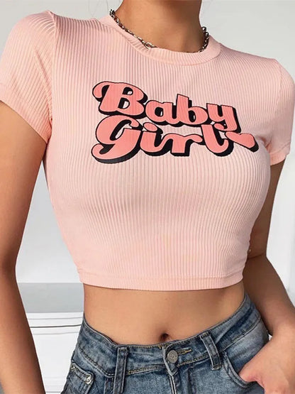 Baby Girl Printing Woman Tshirts Short Sleeve Y2k Aesthetic Clothes Women Fashion Tops Kawaii Egirl Streetwear Pink Slim T Shirt