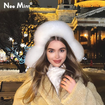 Winter Women Fluffy Furry Faux Fox Fur Bomber Hats Flaps Luxury Vintage Y2k Girls Warm Earflap Snow Ski Hat Caps Russian