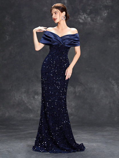 Vestido de noche con escote en V, plisado, con lentejuelas y cola de pez de terciopelo, vestido de baile, vestido de fiesta, vestido de dama de honor