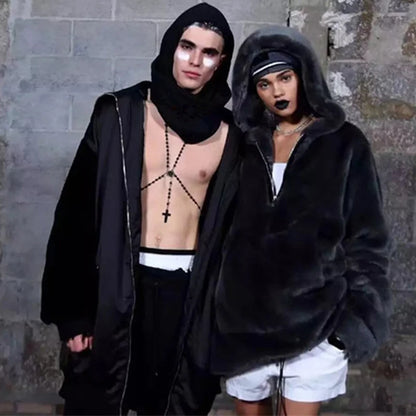 Abrigo largo de piel sintética de marca de lujo de moda para mujer, chaqueta cálida con bolsillos grandes y capucha con cremallera, abrigos de felpa de piel de conejo sintética