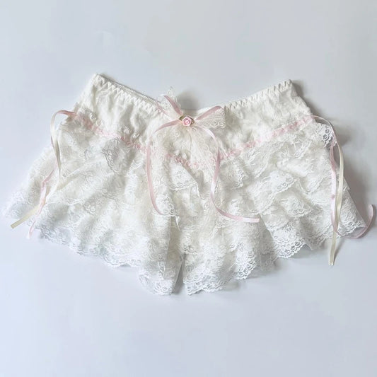 Cottage Coquette Y2K 00s Vintage Shorts Women Kawaii Lace Trim Multi-layers Bottoms Fairycore Retro Lolita Sweet Pettipants