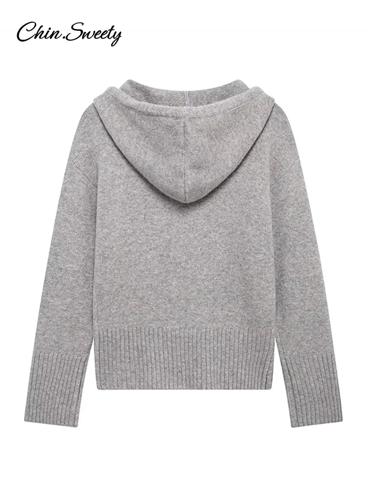 Casual Hooded Cardigans Women Gray Long Sleeve Soft Zipper Ribbed Sweater Female 2025 Spring Fashion Simple Slim-fit Top New
