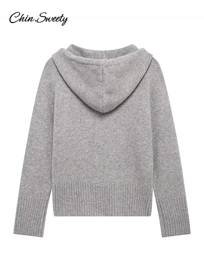 Casual Hooded Cardigans Women Gray Long Sleeve Soft Zipper Ribbed Sweater Female 2025 Spring Fashion Simple Slim-fit Top New