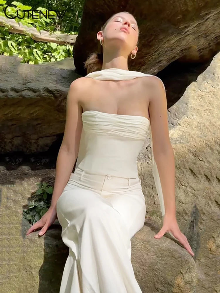 Women’s White Ruffled Bustier Vest Shapewear Slim Undershirt Hanging Neck Silk Scarf Top Summer Clothing For Women