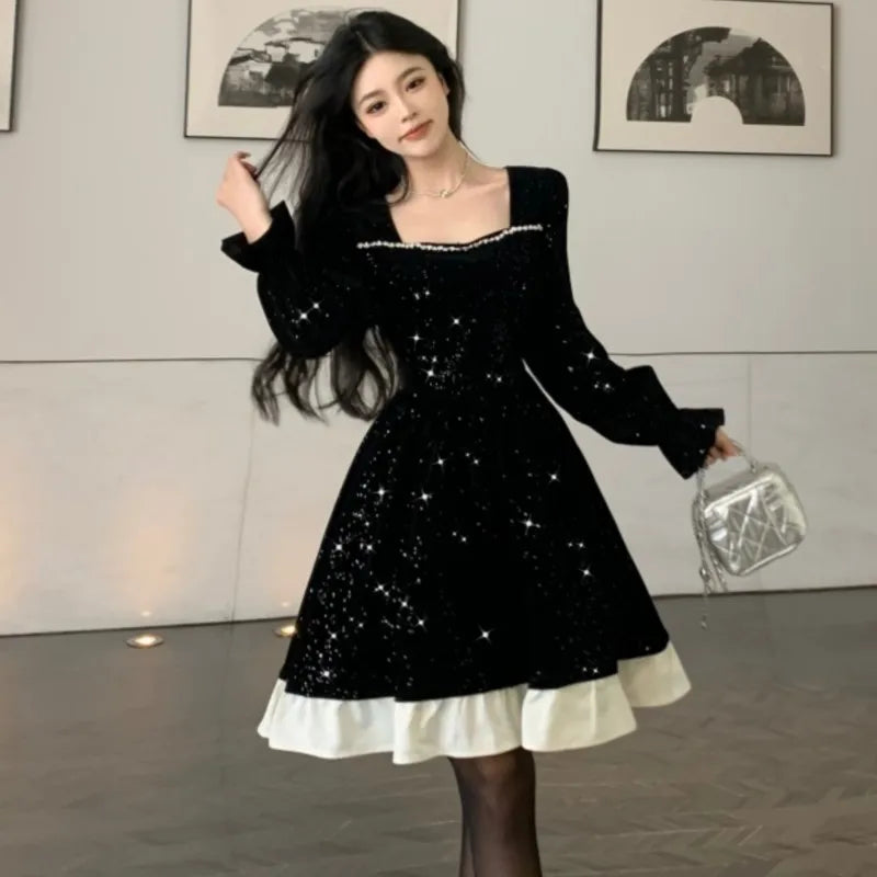 Vestidos midi de terciopelo brillante de otoño para mujer, manga larga, cuello cuadrado, volantes extragrandes, patchwork, vestido de fiesta de Navidad.