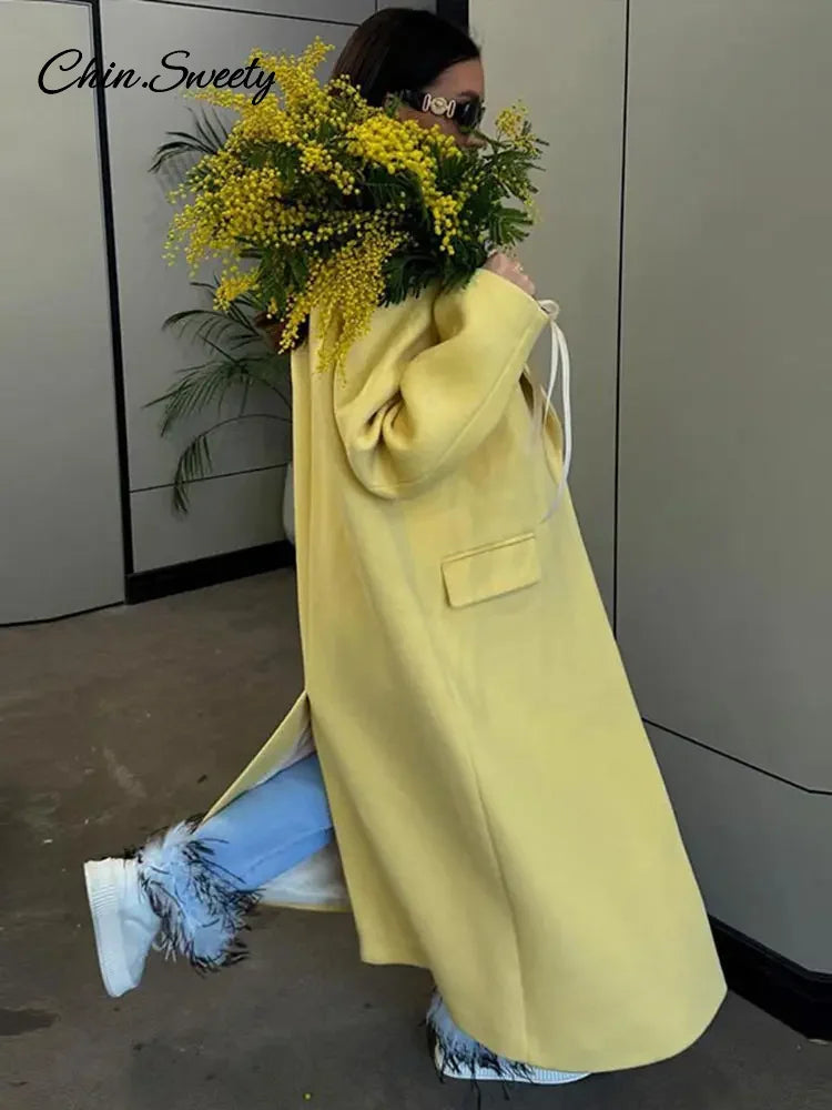 Abrigo largo de lana de moda para mujer, otoño, manga larga, botones, bolsillo falso, amarillo dividido, abrigo elegante de gran tamaño, nuevo en prendas de vestir exteriores