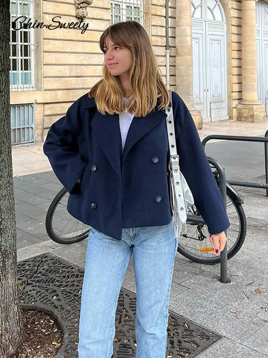 Abrigo holgado de mezcla de lana para mujer, chaqueta con solapa lisa y bolsillos cruzados, moda Otoño Invierno, prendas de vestir de oficina para mujer, nuevo