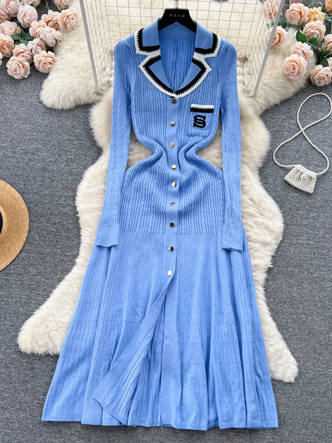 Vestido elegante de punto para mujer, primavera otoño, manga larga, sexy, cuello en V, ajustado, corte en A, suéter de una sola botonadura