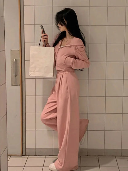 Conjunto de dos piezas de ropa de calle coreana para mujer, chándal de otoño, top corto con capucha y cremallera, pantalones largos, conjuntos casuales lisos.