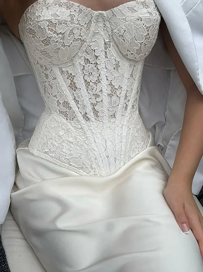 Conjunto de dos piezas de vestido de encaje para mujer, estilo retro, sin tirantes, con parte superior de espinas de pescado, falda ajustada lisa, elegante conjunto de vestido de fiesta para mujer