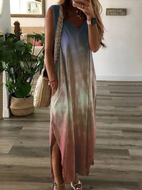 Vestidos largos sin mangas con estampado tie-dye degradado para mujer, moda informal, cuello en V, holgados, con abertura, estilo chaleco, de verano, línea A